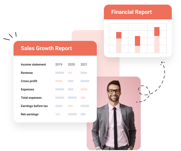 man smiling connected to financial report and sales growth report in orange