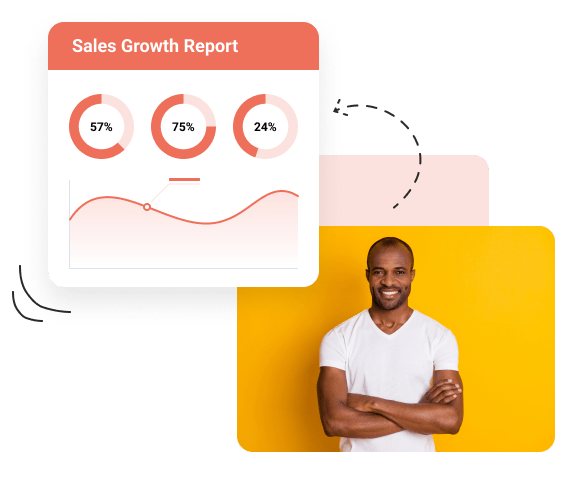 man smiling with folded arms connected to sales growth report