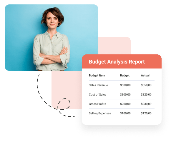 smiling lady with arms folded connected to budget analysis report