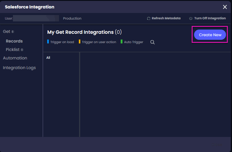 Create New button on the Salesforce Integration screen