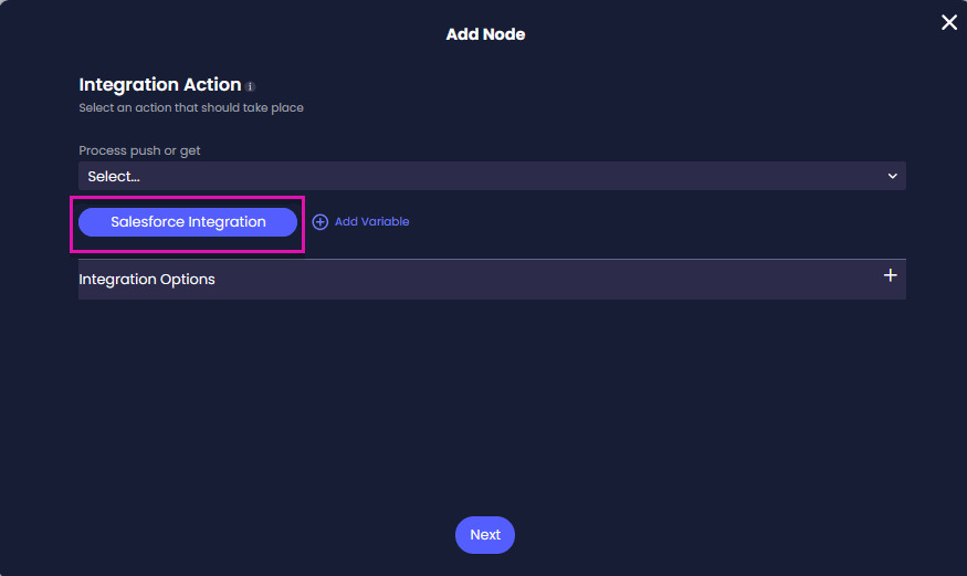 Configure Salesforce Integration button in the Salesforce Apex node