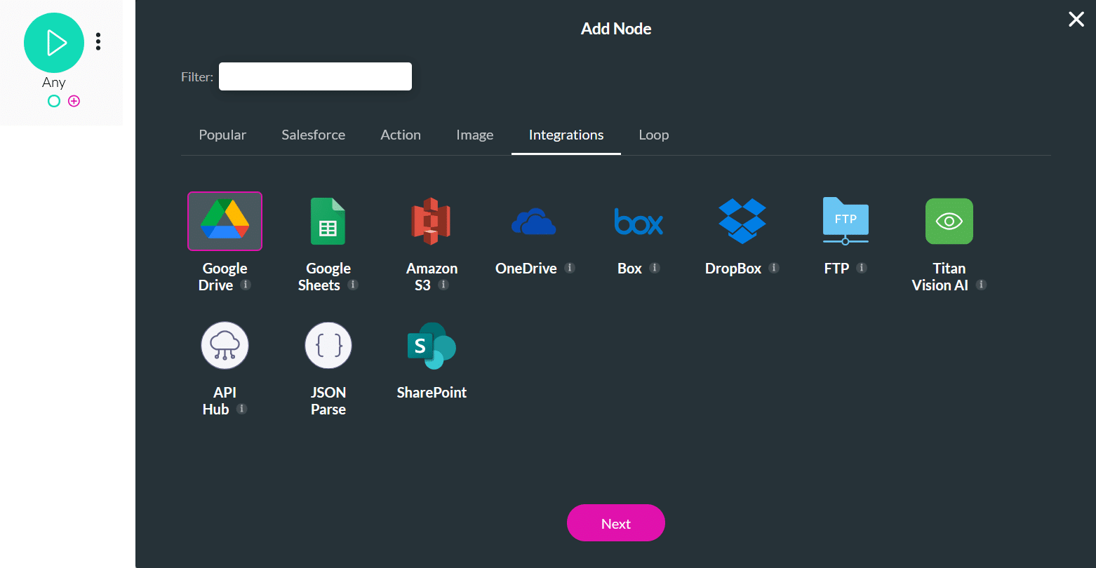 Titan Flow Add Node screen showing the Integrations tab selected. The Google Drive integration tile is highlighted among other options including Google Sheets, Amazon S3, OneDrive, Box, DropBox, FTP, Titan Vision AI, API Hub, JSON Parse, and SharePoint. A Next button appears at the bottom.