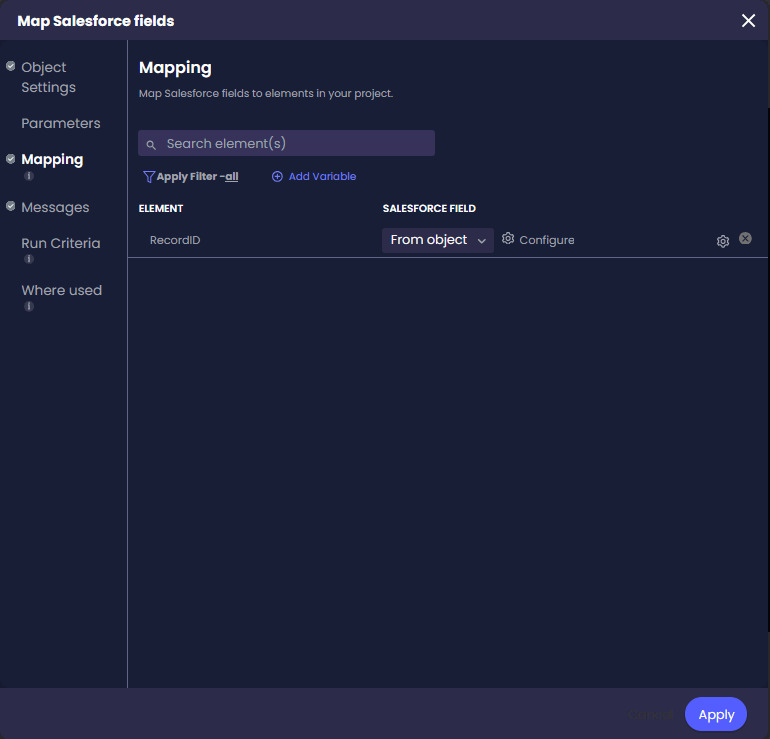 Mapping options for Salesforce Apex results with Apply and Close buttons