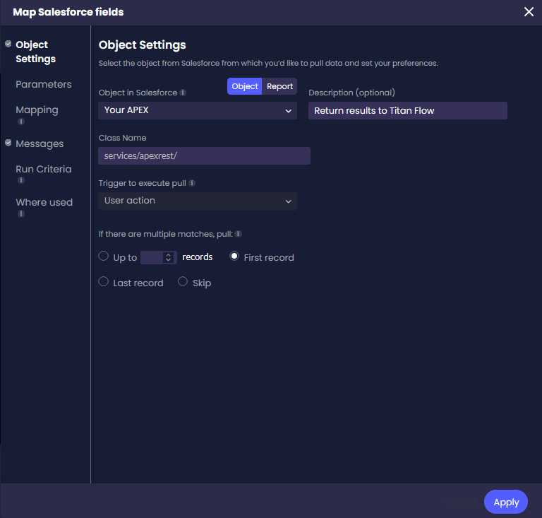 Map Salesforce Fields screen showing Your APEX, Class Name, and Description fields
