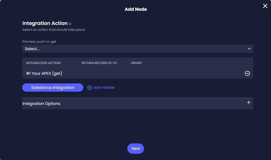 Add Node screen showing Your APEX configured as a Get integration