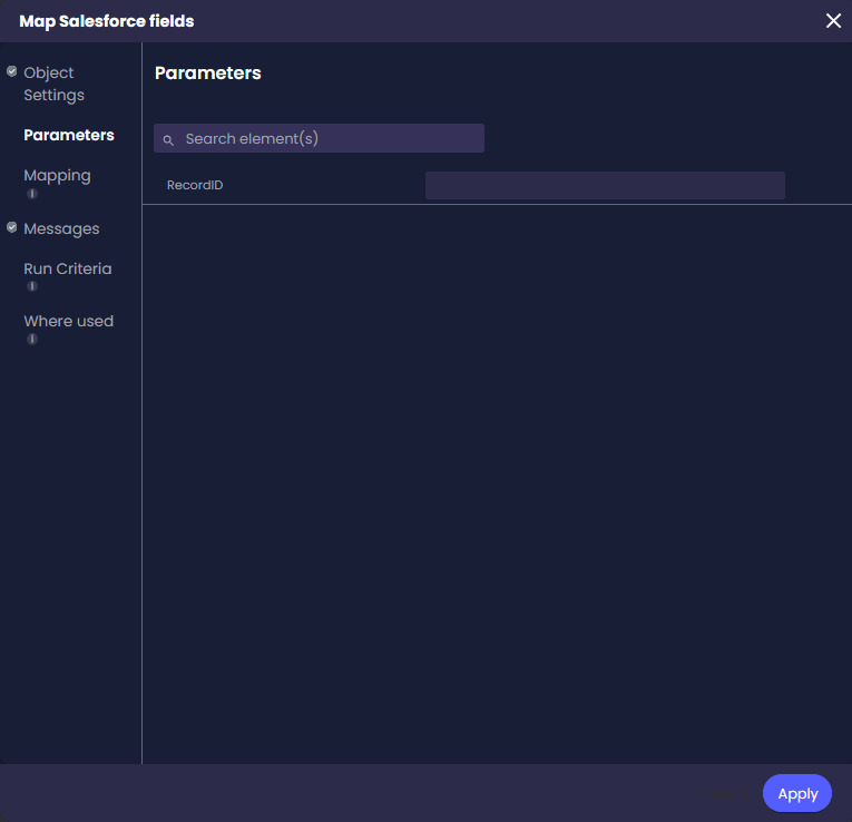 Parameters section used to send Titan Flow values to a Salesforce Apex class