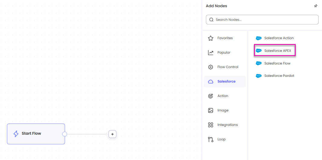 Salesforce Apex option on the Titan Flow Add Node screen