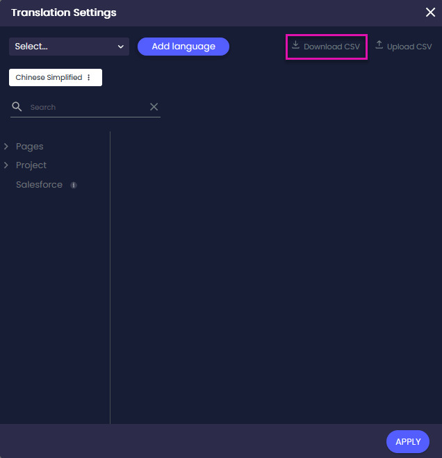 Translation Settings screen with the Download CSV option highlighted.