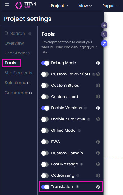Titan Web Project Settings screen with Tools selected and Translation enabled.