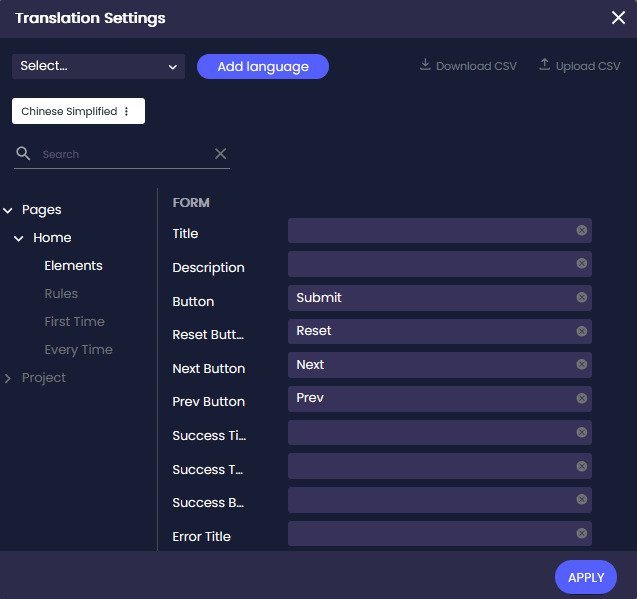 Translation Settings screen showing the language drop-down list and Add language button.
