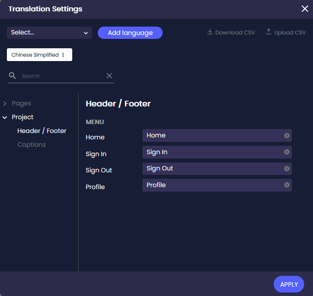 Translation Settings screen showing translation fields for header and footer content under Project.