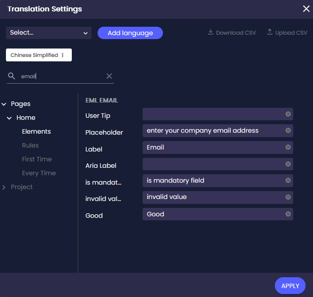 Translation Settings screen showing a search for the Email element under Pages.