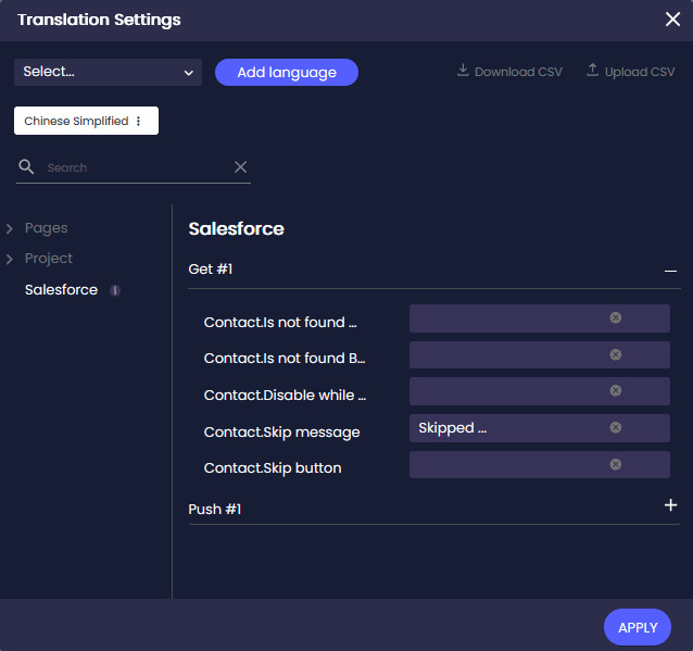 Translation Settings screen showing translation fields for a Salesforce Get action.