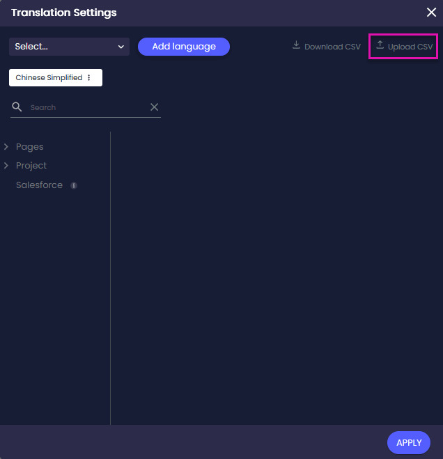 Translation Settings screen with the Upload CSV option highlighted.