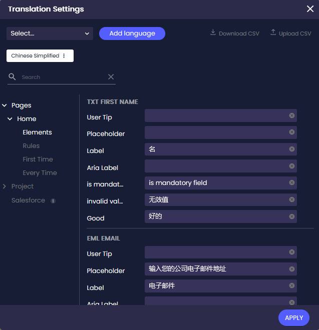 Translation Settings screen showing translated element values updated after the CSV import.