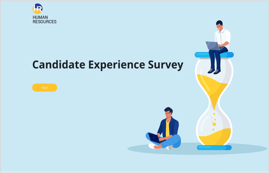 candidate experience survey with men sitting on an hourglass