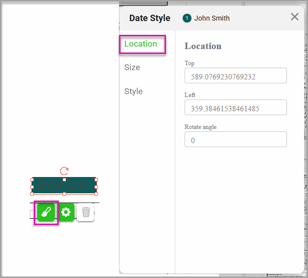 Element Style settings showing the Top, Left, and Rotate Angle fields used to position an interactive element.