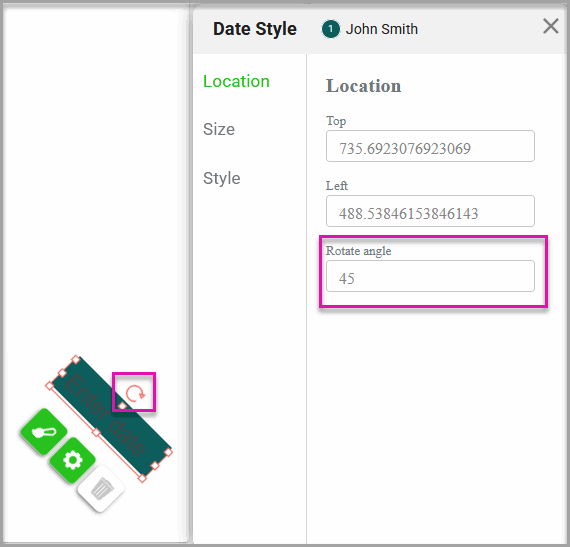 Interactive element selected on a document with the rotate control available for manual rotation.