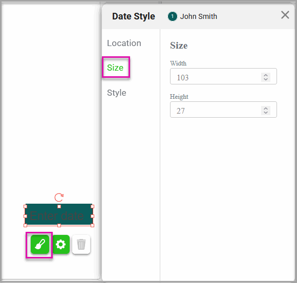Element Style settings showing the Width and Height fields for a text element.