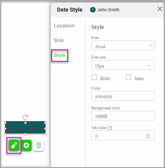 Element Style settings showing font, font size, bold, italic, text color, background color, and tab order options.