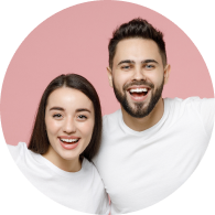man and woman smiling with pink circular background