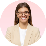 smiling woman with glasses in pink circular portrait