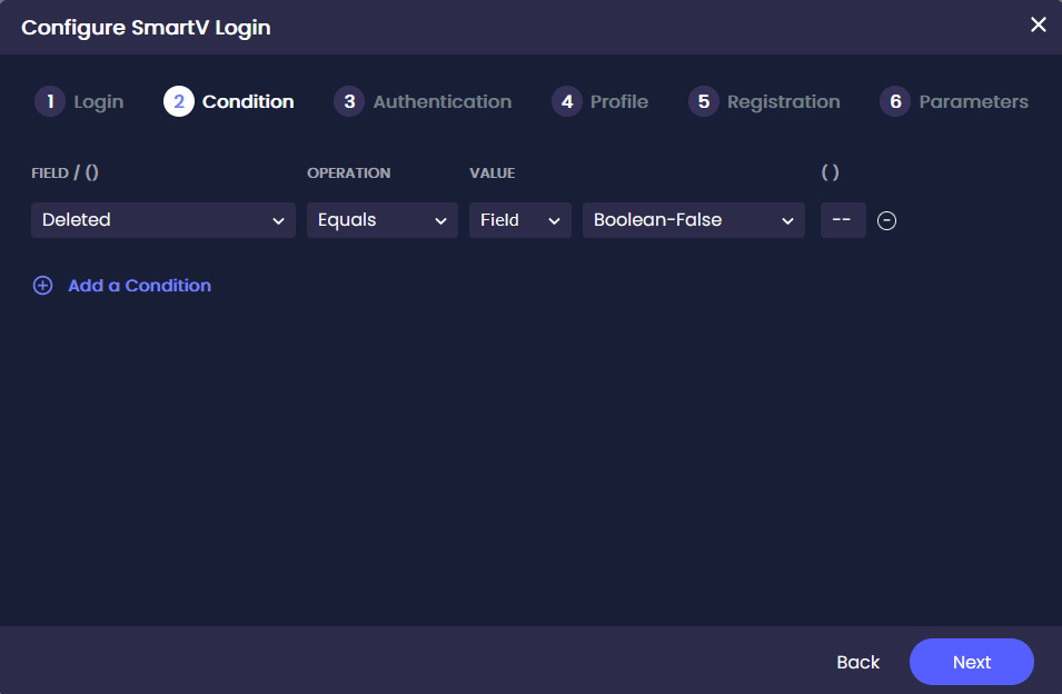 SmartV Condition step with a rule requiring the Deleted field to equal Boolean False.