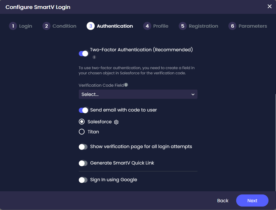 SmartV Authentication step with settings for two-factor authentication, verification codes, email delivery, Quick Link, and Google sign-in.