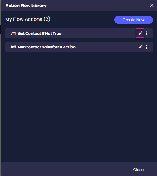 Action Flow Library window showing a saved rule with the Edit icon highlighted next to the rule name.