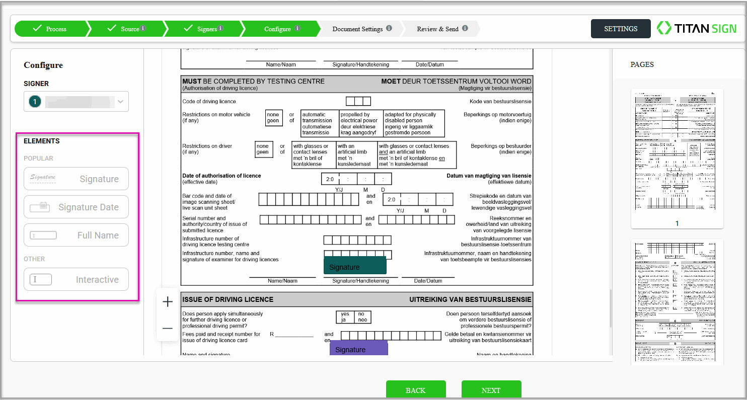 Titan Sign Wizard showing popular interactive elements that can be added to the document for the selected signer.