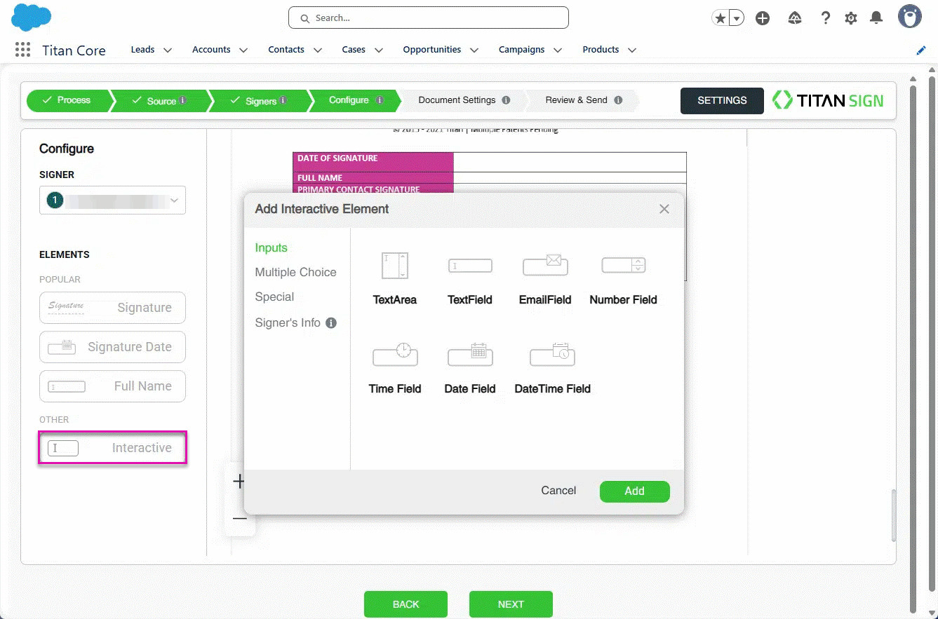 Add Interactive Element screen showing additional field types that can be added to a signing document.