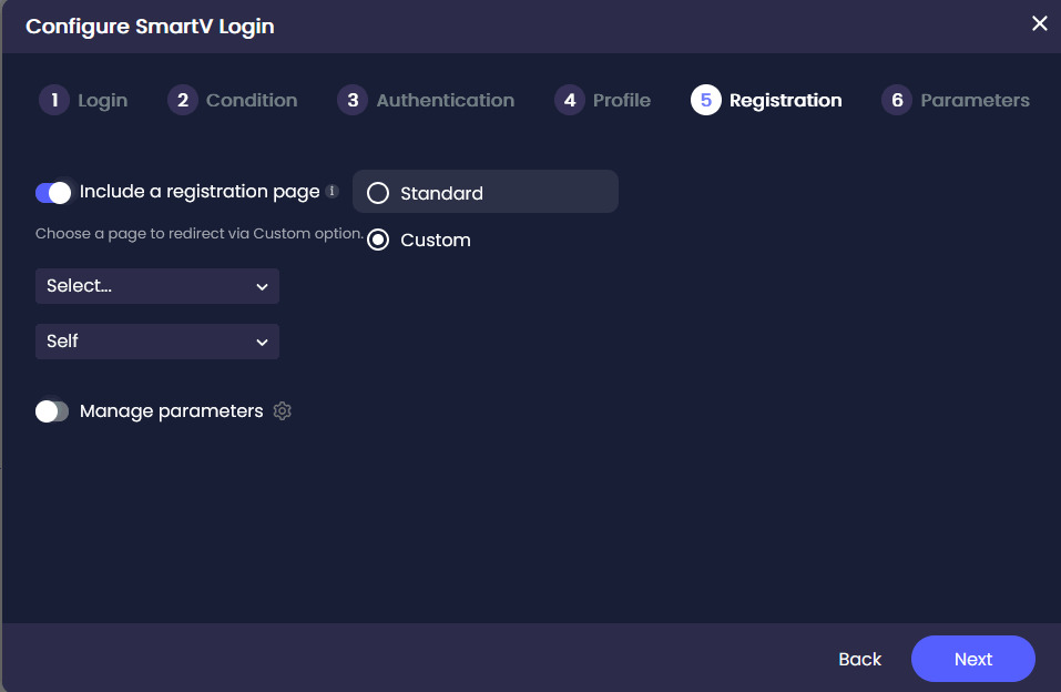 SmartV Registration step with standard and custom registration options, page selection, and parameter management.