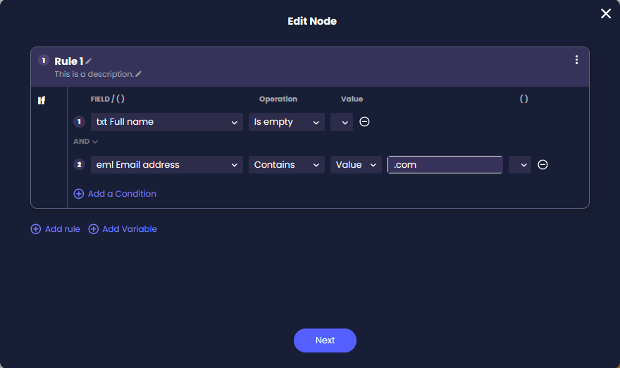 Edit Node screen showing IF conditions with fields for full name and email address, including operations and values used to define rule logic.