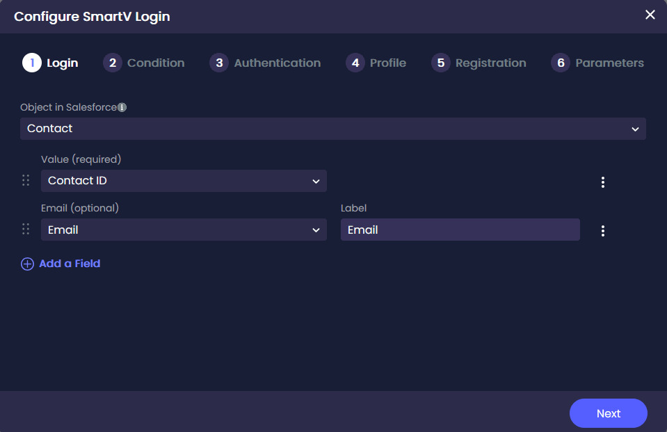 Configure SmartV Login screen showing the Login step with Salesforce object selection and the Add a Field option.