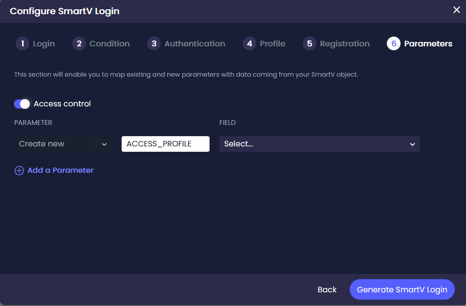 SmartV Parameters step showing access control enabled and a new ACCESS_PROFILE parameter ready to map to a Salesforce field.