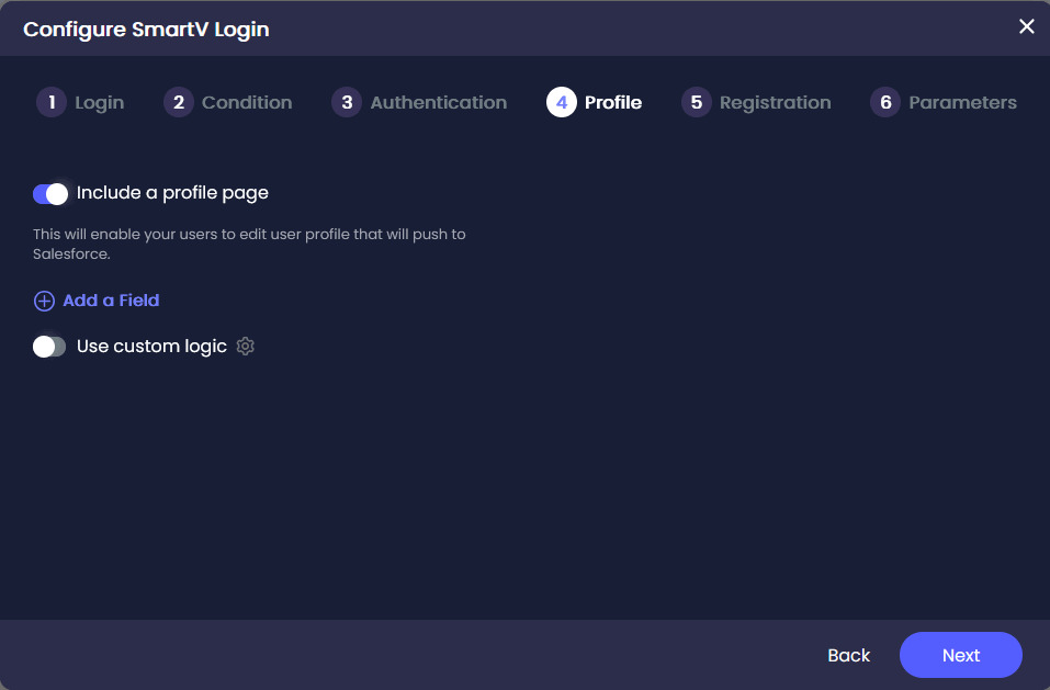 SmartV Profile step with options to include a profile page, add fields, and use custom logic.