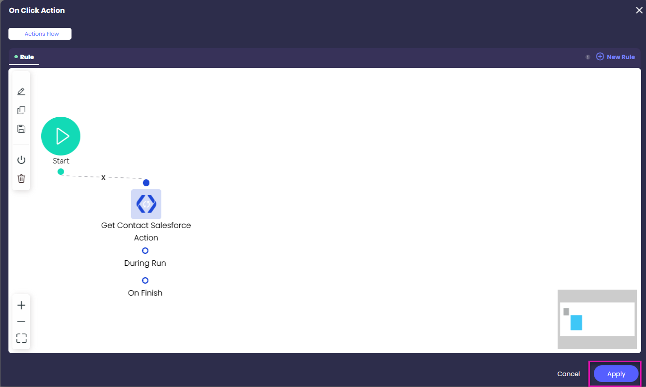 Action Flow editor showing a configured flow with Start and Get Contact Salesforce Action nodes, with the Apply button highlighted in the bottom right corner.