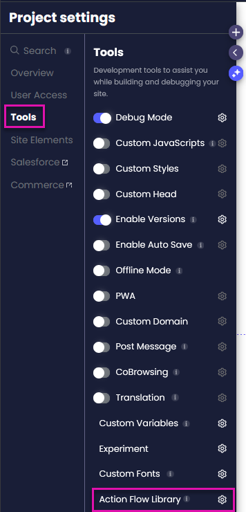 Project Settings panel with the Tools section selected, showing the Action Flow Library option highlighted in the list.