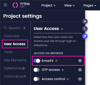 SmartV option enabled under User Access in Titan Web Project Settings.