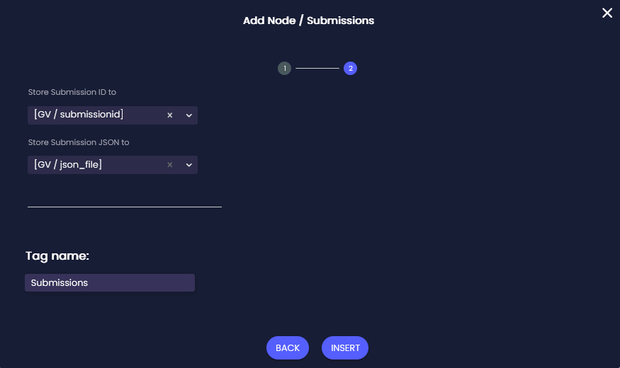 Submissions node showing submissionid selected for the Submission ID and json_file selected for the JSON output.
