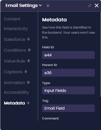 Email field Metadata settings showing the tag Email Field.