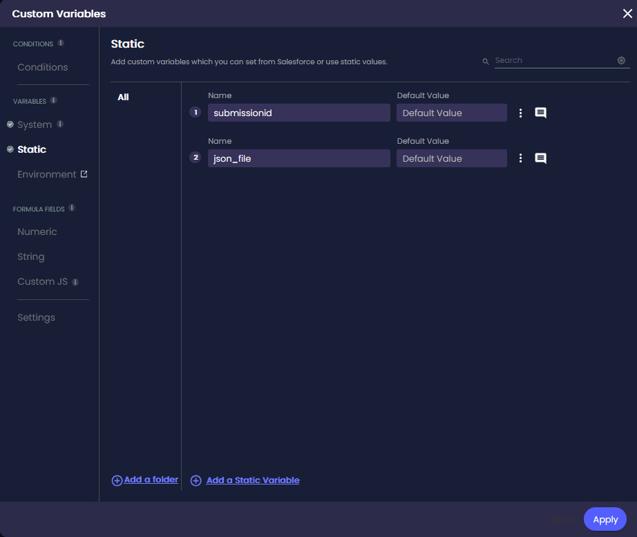 Custom Variables screen showing static variables named submissionid and json_file.