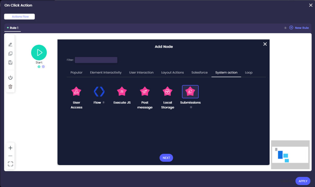 On Click Action flow showing the Submissions option selected under System action.