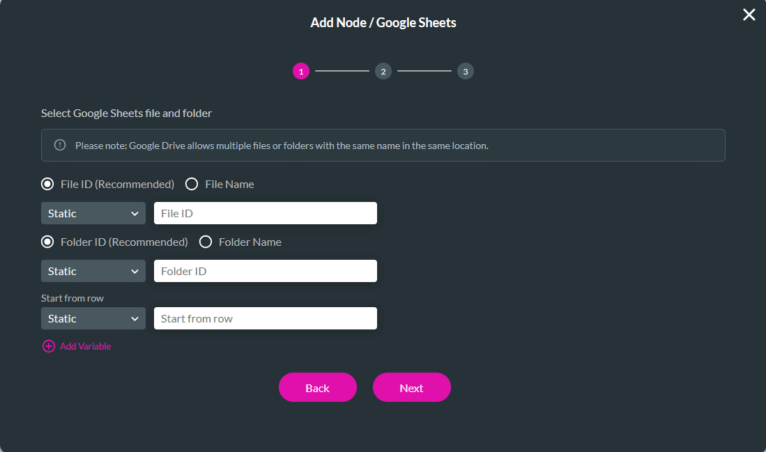 Titan Flow Add Node modal displaying the Integrations tab. The Google Sheets integration icon is highlighted among other integrations such as Google Drive, Amazon S3, OneDrive, Box, DropBox, FTP, API Hub, JSON Parse, SharePoint, and Titan Vision AI.
