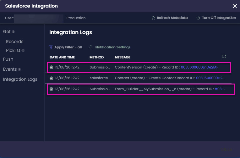 Salesforce Integration Logs showing successful records for a Titan submission and its ContentVersion JSON file.