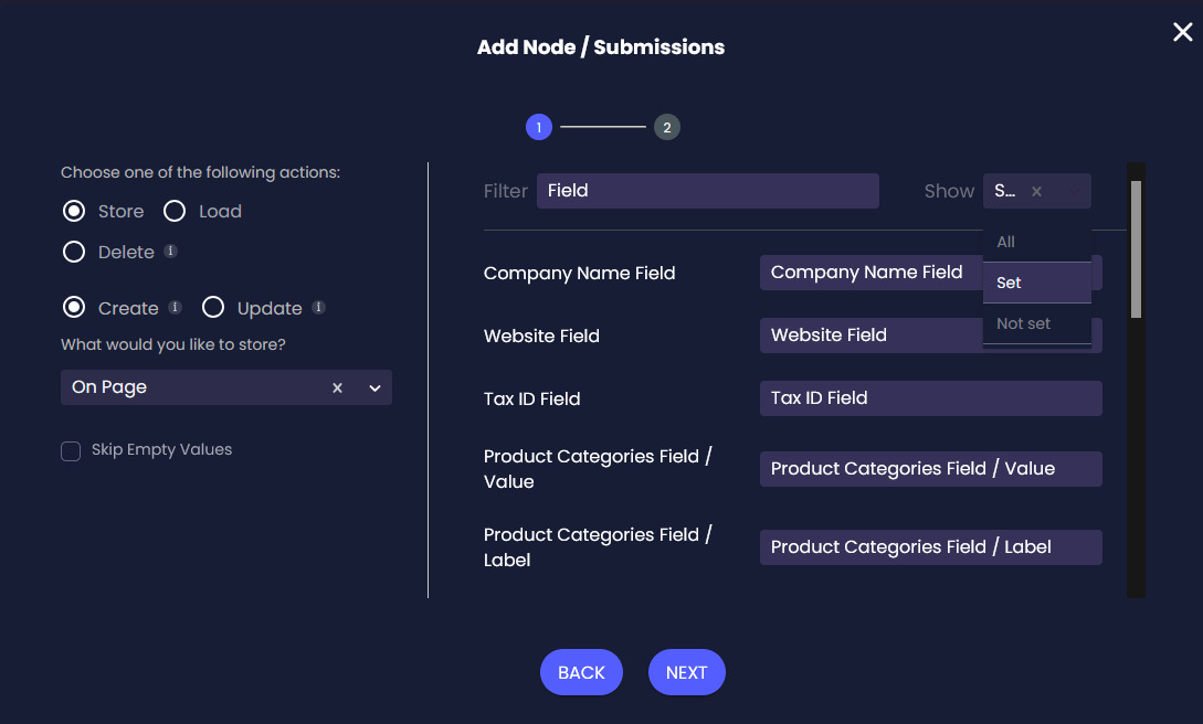 Submissions configuration screen showing the Filter field and the All, Set, and Not set options in the Show drop-down list