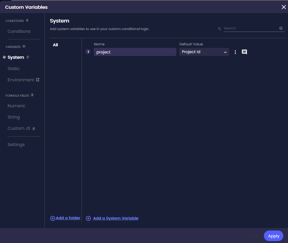 Custom Variables screen showing a system variable named project with Project ID selected as its default value.