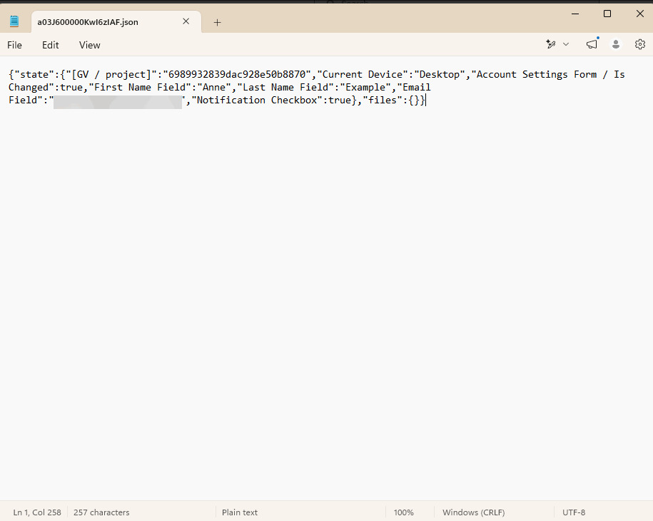 JSON file showing form values stored by a Titan Web submission, including the current device, name, email, and checkbox selection.