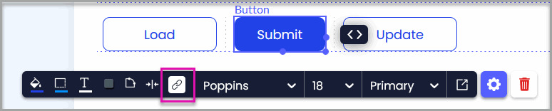 Titan Web canvas showing a Submit button selected and the On Click Action icon highlighted.