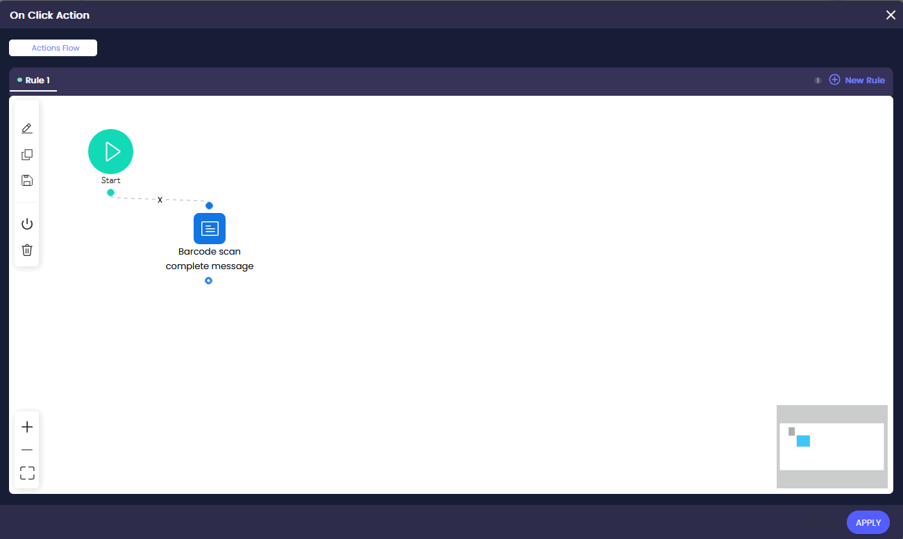 On Click Action flow showing a Show Message node labelled โBarcode scan complete messageโ connected to the Start node.
